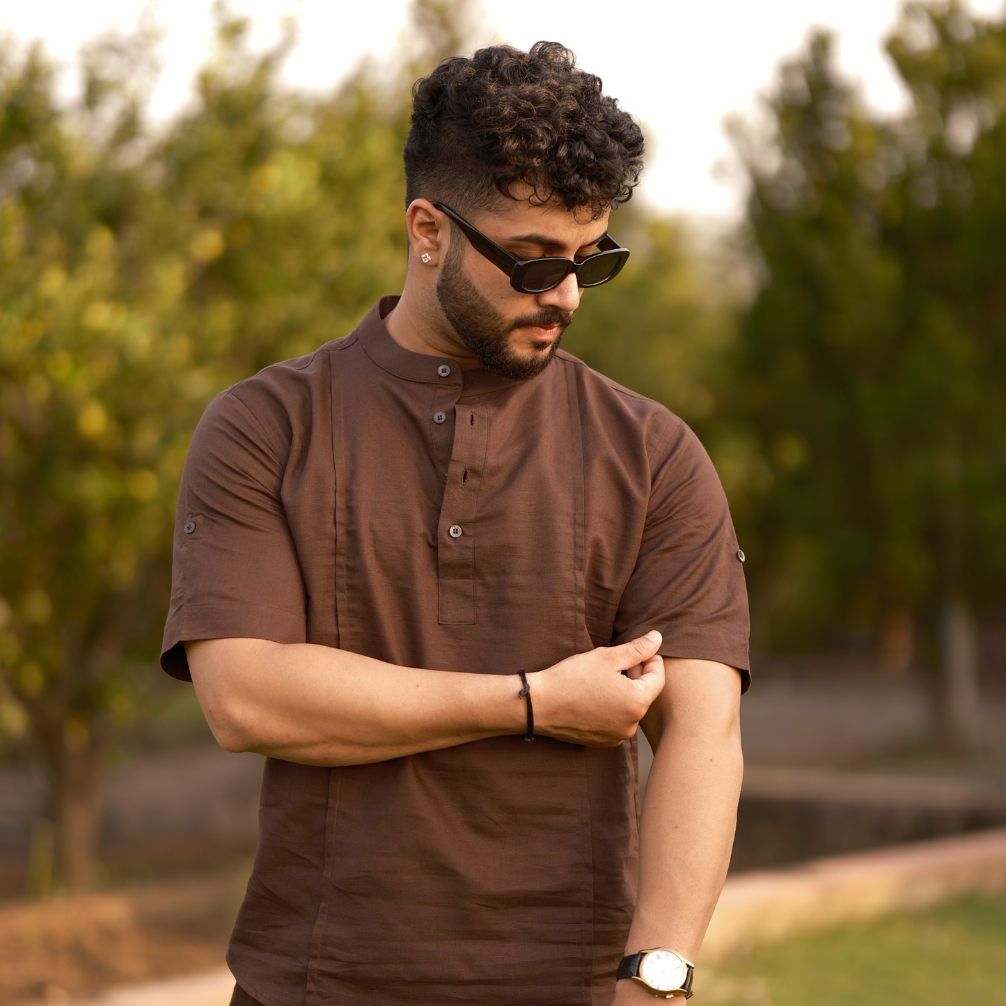 Brown - Cotton Linen Co-ord Set - Half Pant Half Shirt