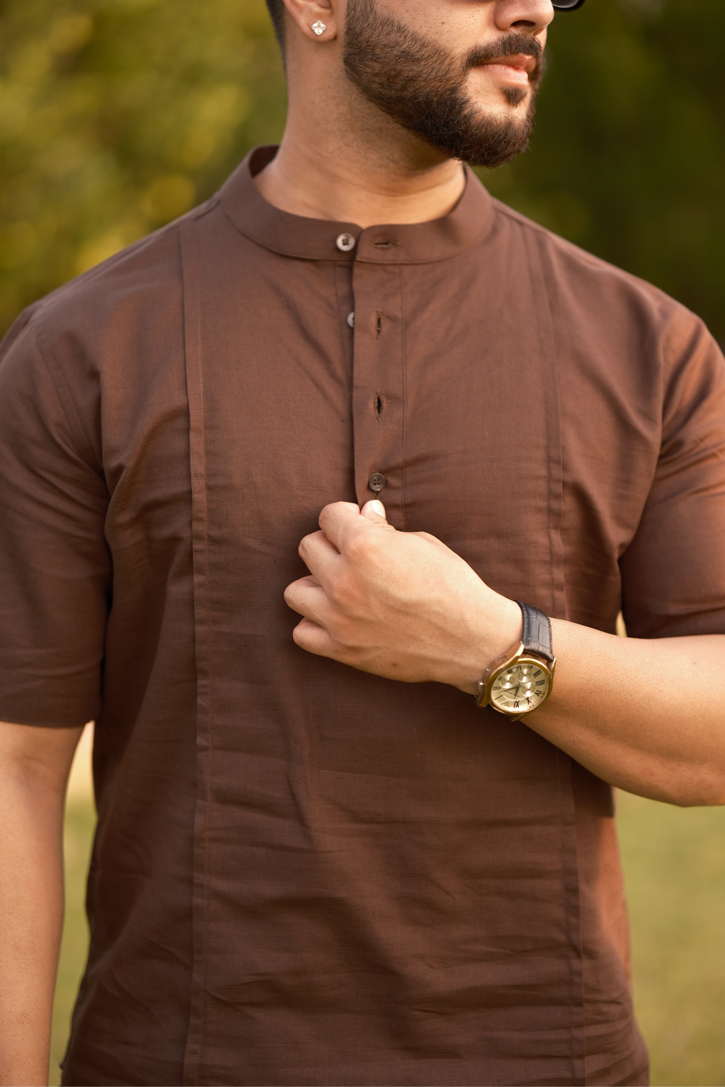 Brown - Cotton Linen Co-ord Set - Half Pant Half Shirt