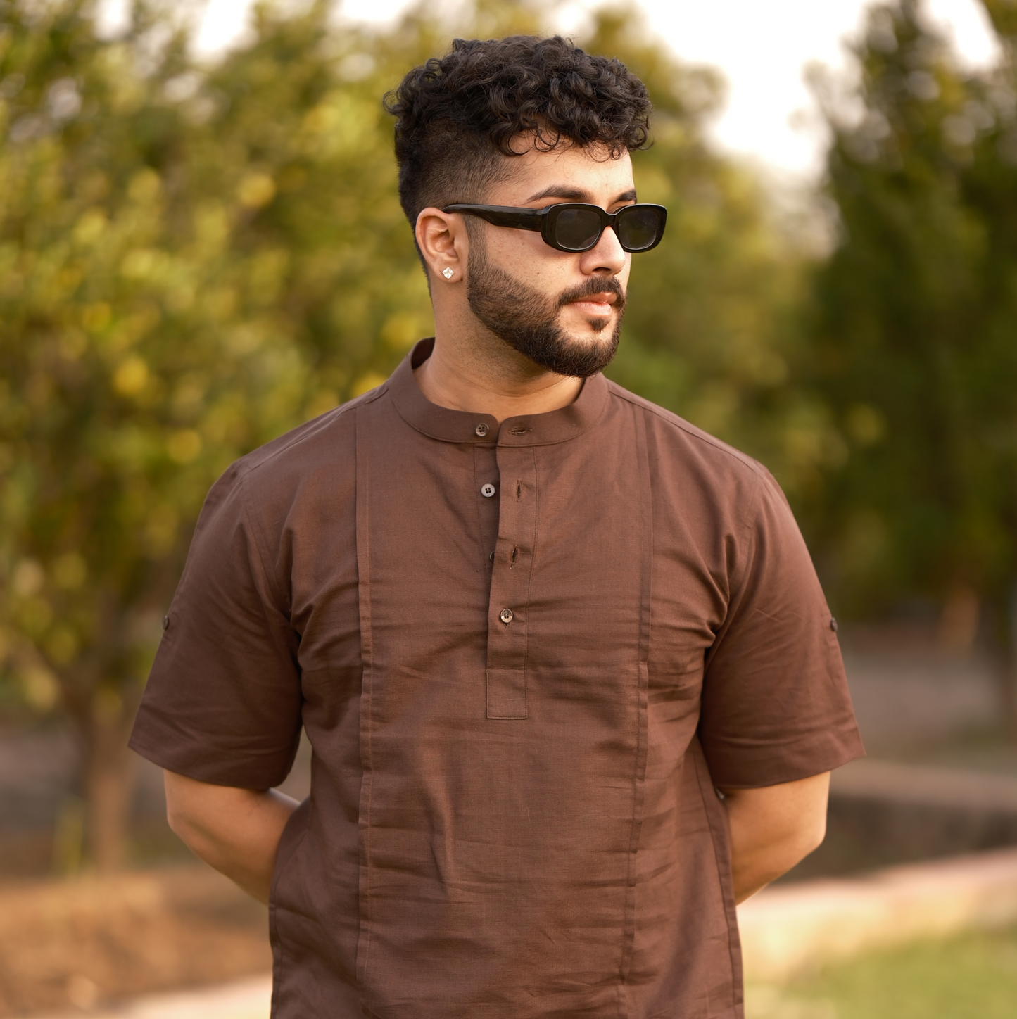 Brown - Cotton Linen Co-ord Set - Half Pant Half Shirt