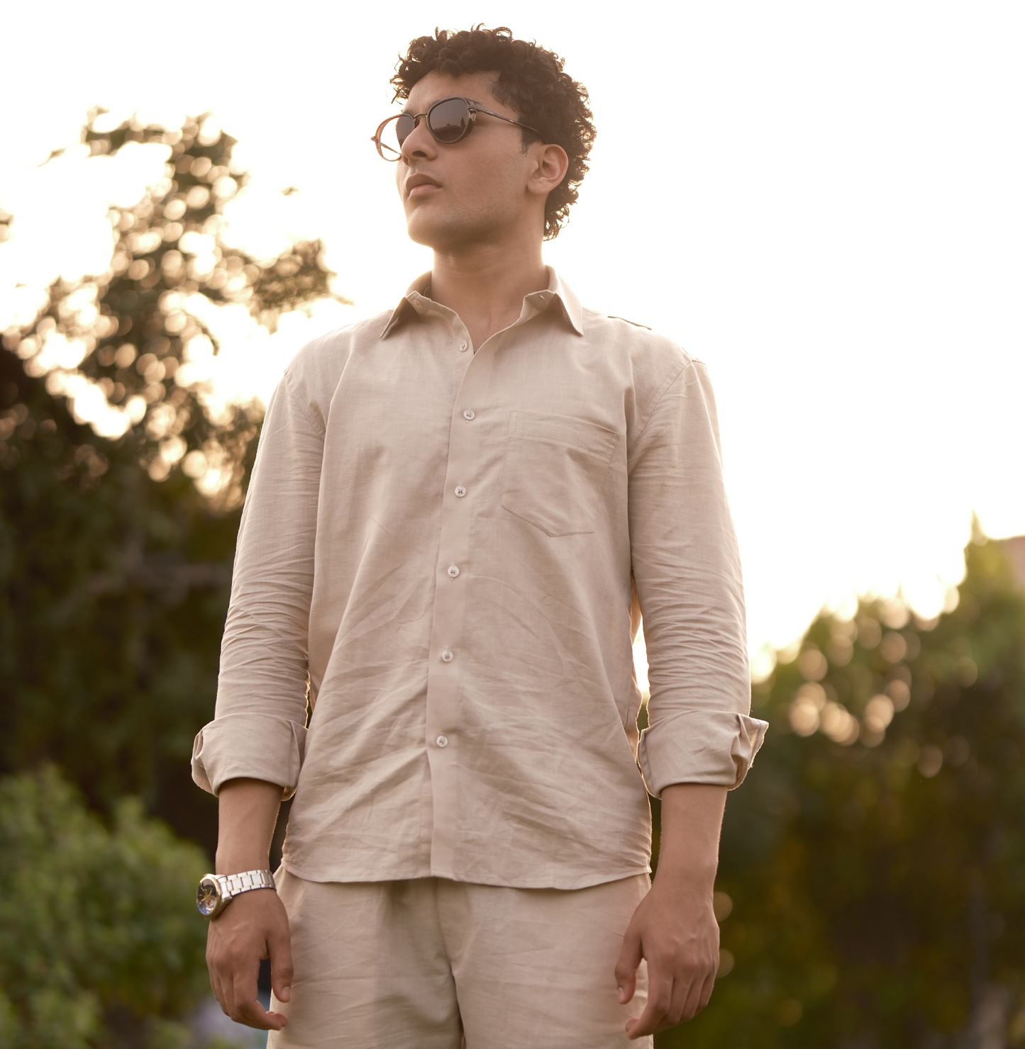 Natural - Cotton Linen Co-ord Set - Full Shirt Half Pant