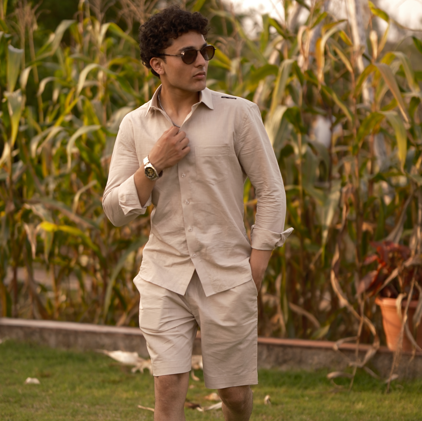 Natural - Cotton Linen Co-ord Set - Full Shirt Half Pant