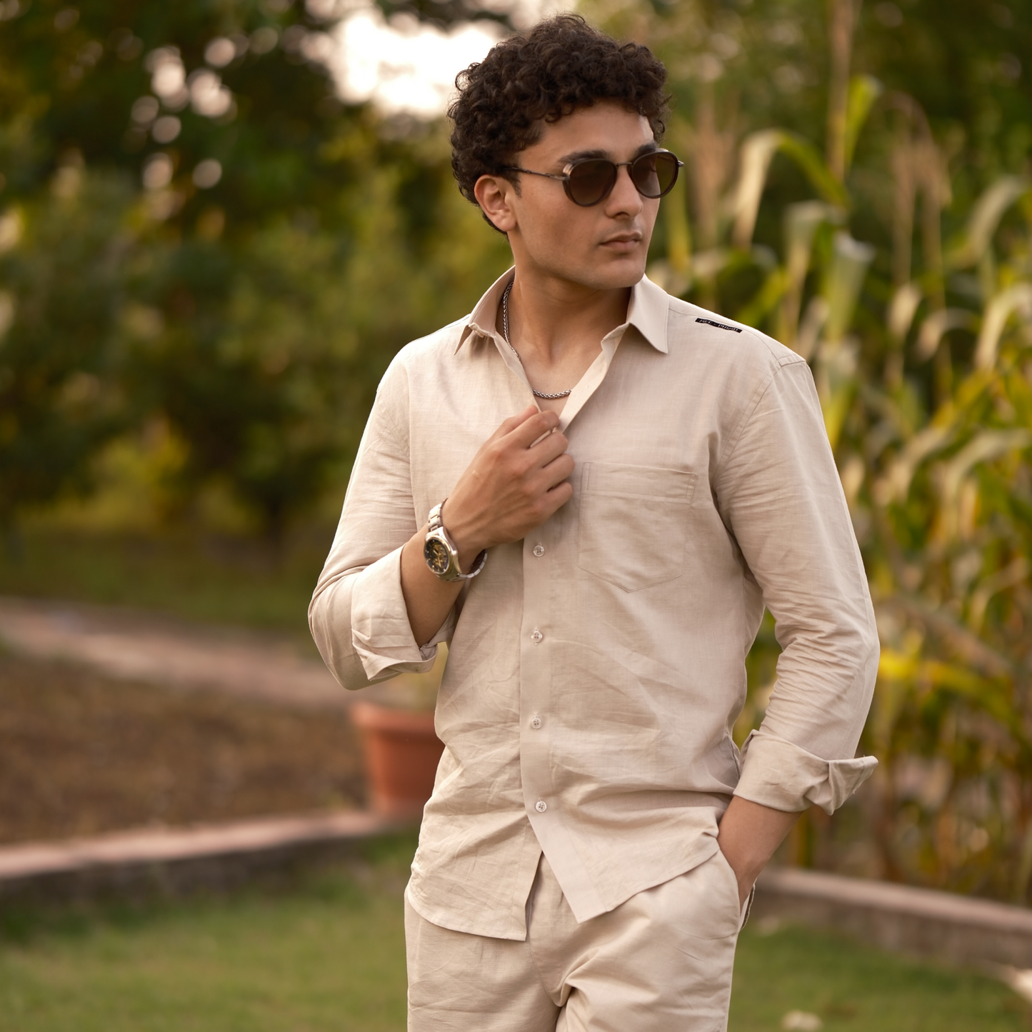 Natural - Cotton Linen Co-ord Set - Full Shirt Half Pant