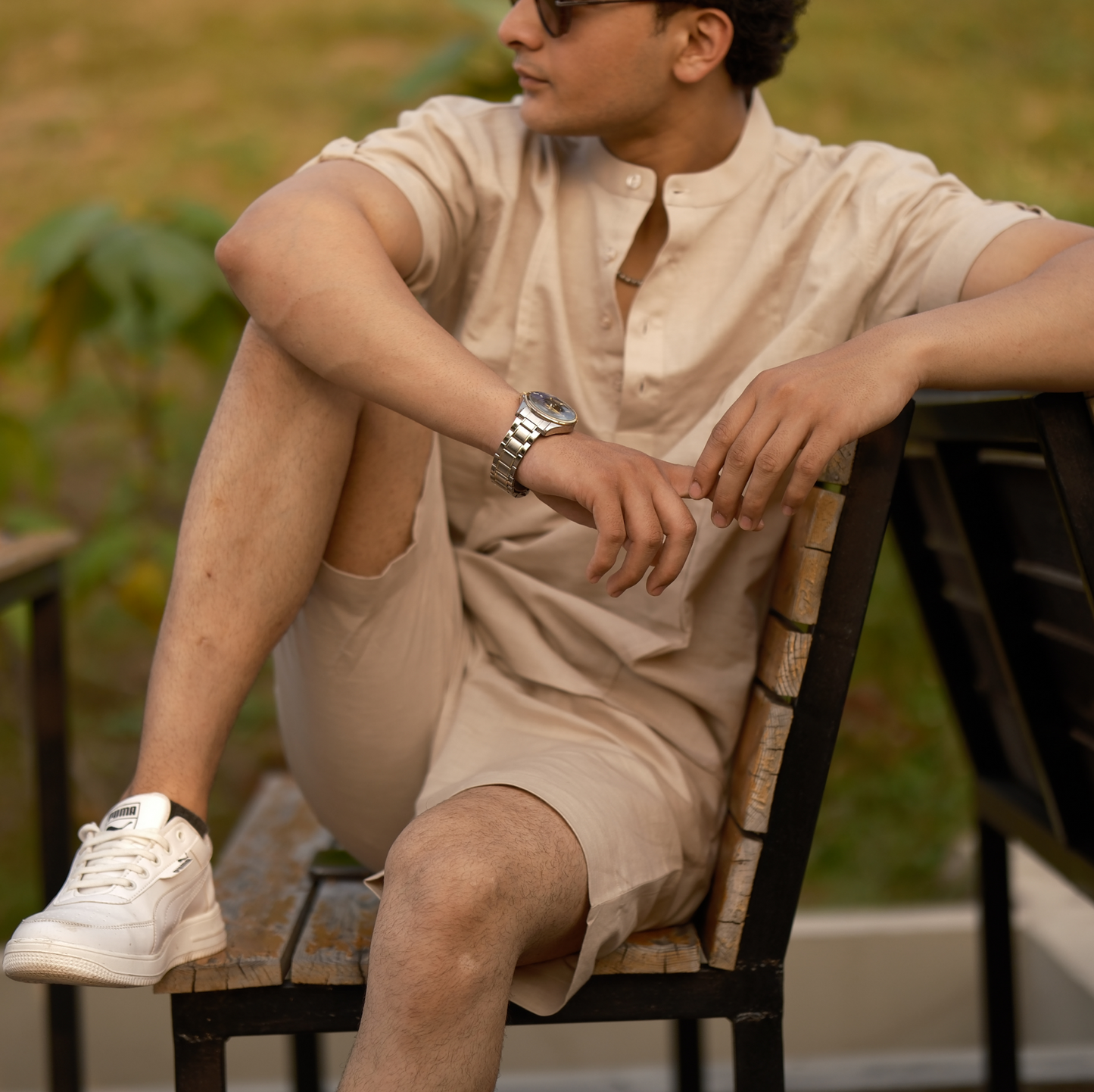 Natural - Cotton Linen Co-ord Set - Half Pant Half Shirt
