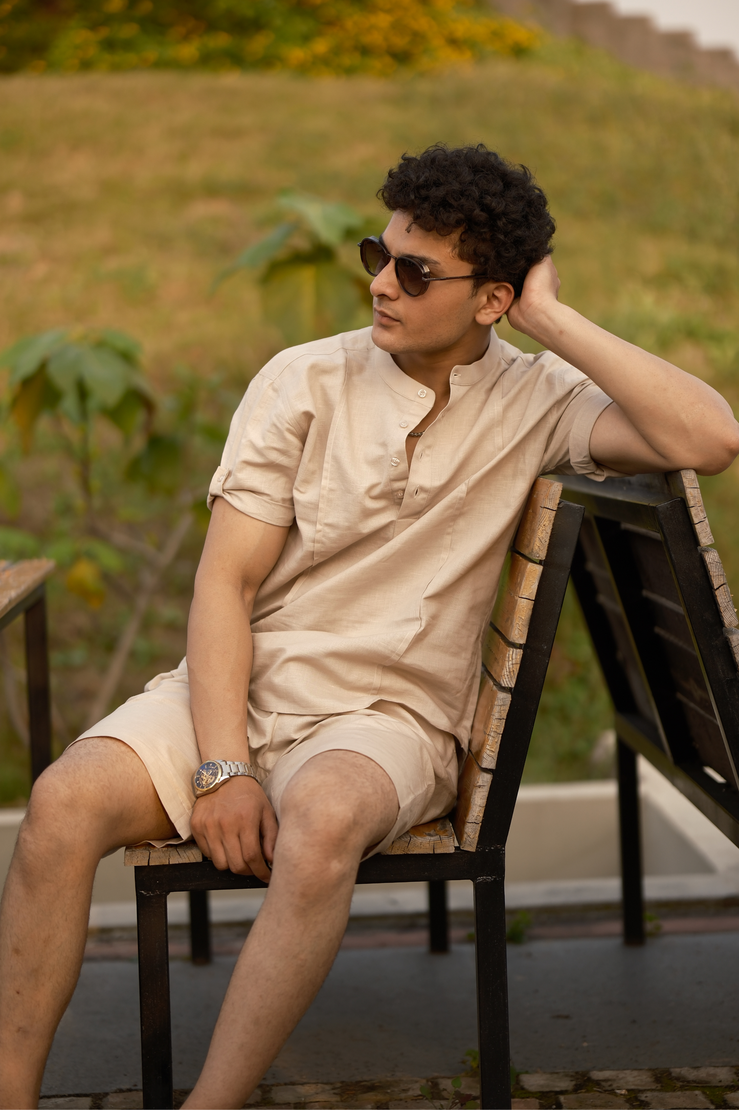 Natural - Cotton Linen Co-ord Set - Half Pant Half Shirt
