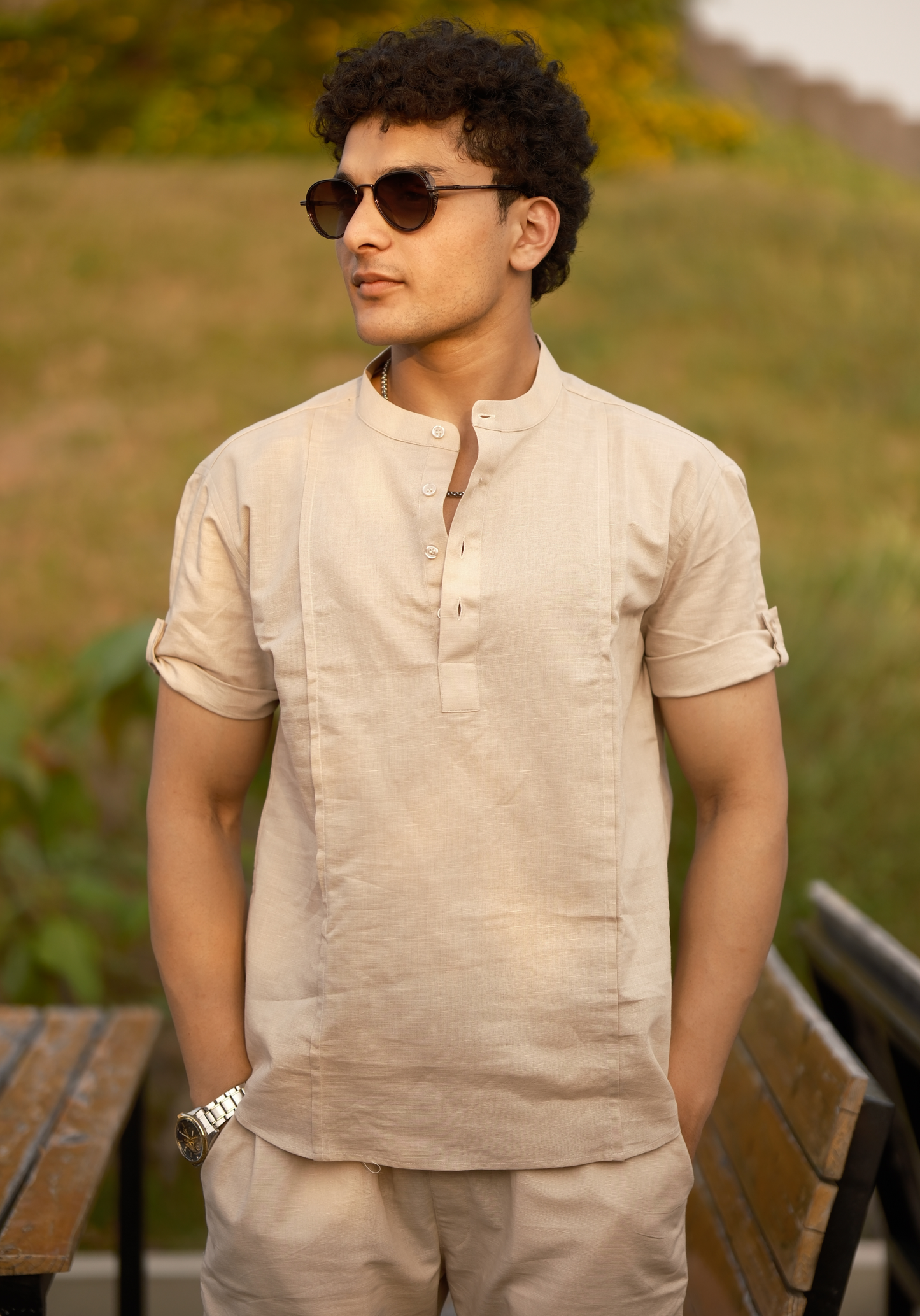 Natural - Cotton Linen Co-ord Set - Half Pant Half Shirt