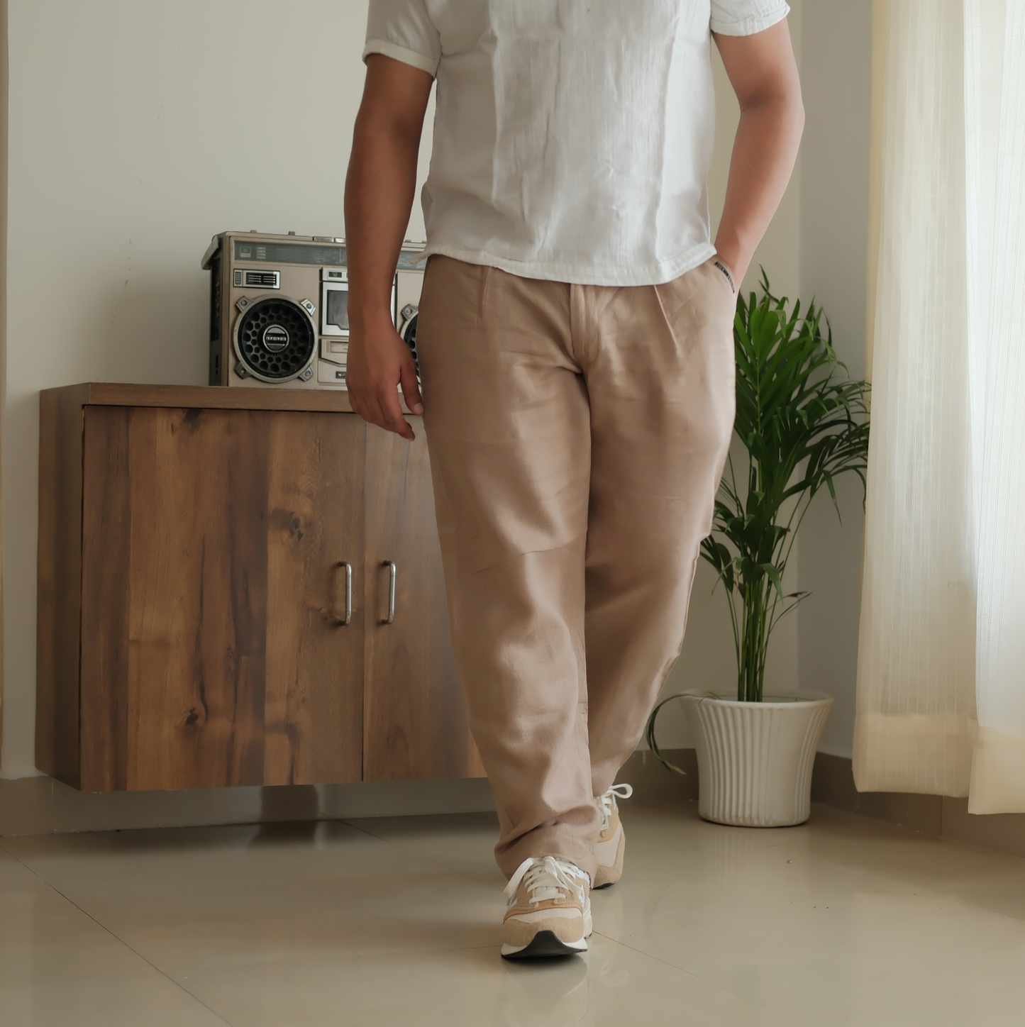 Beige Brown - Pure Linen Loose Pants