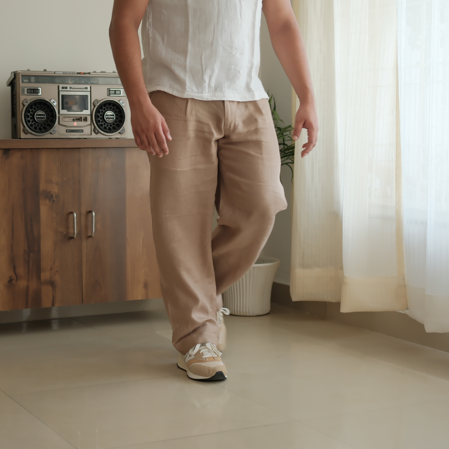 Beige Brown - Pure Linen Loose Pants