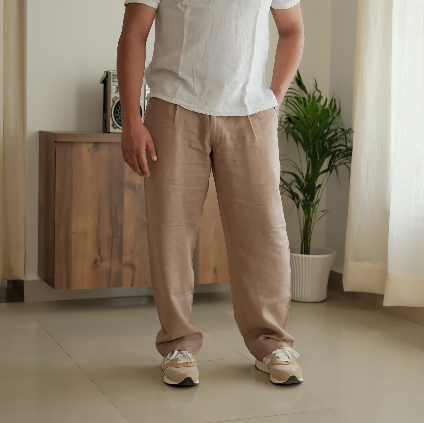 Beige Brown - Pure Linen Loose Pants