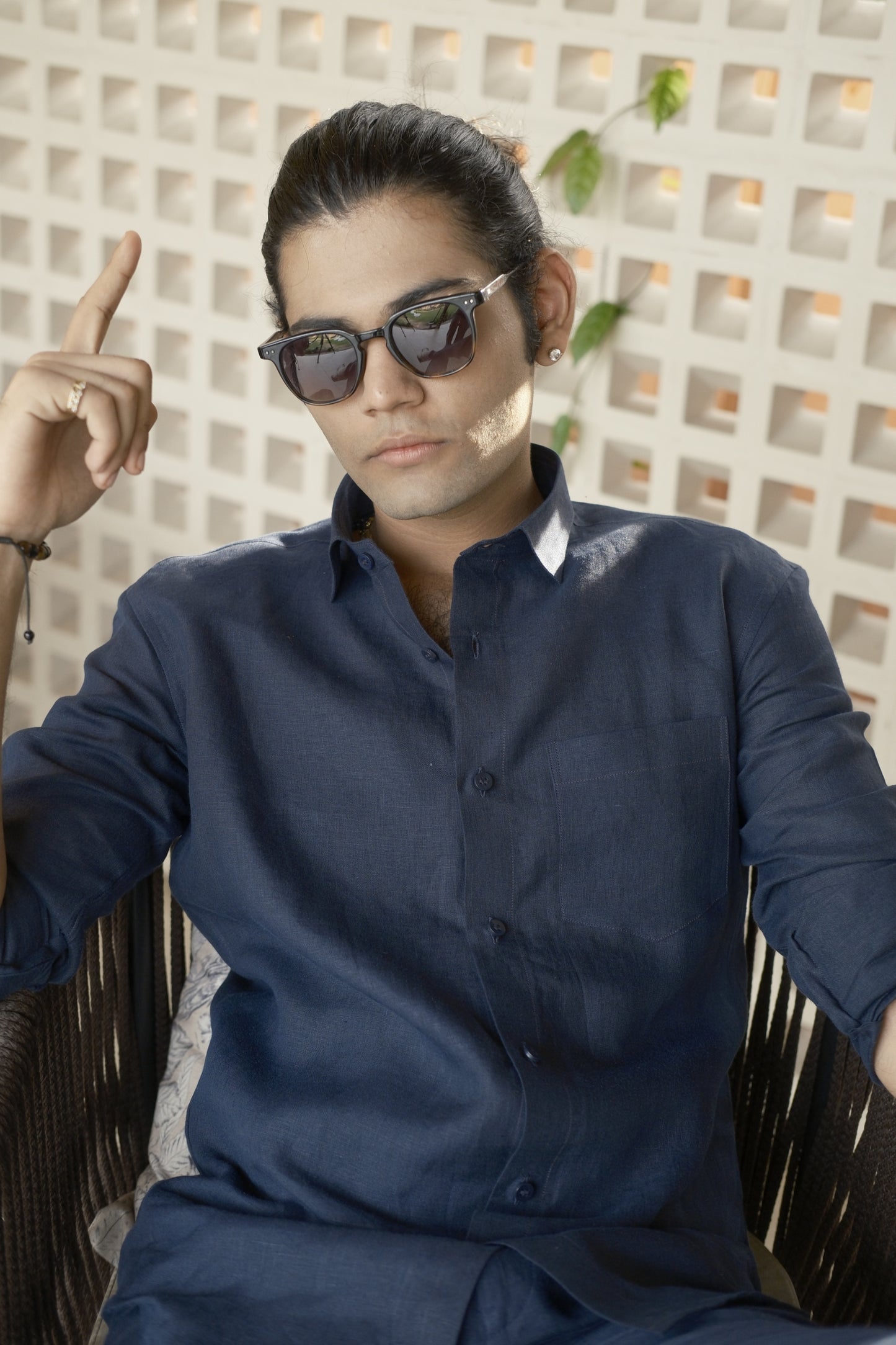 Navy Blue Linen Pure Cord Set