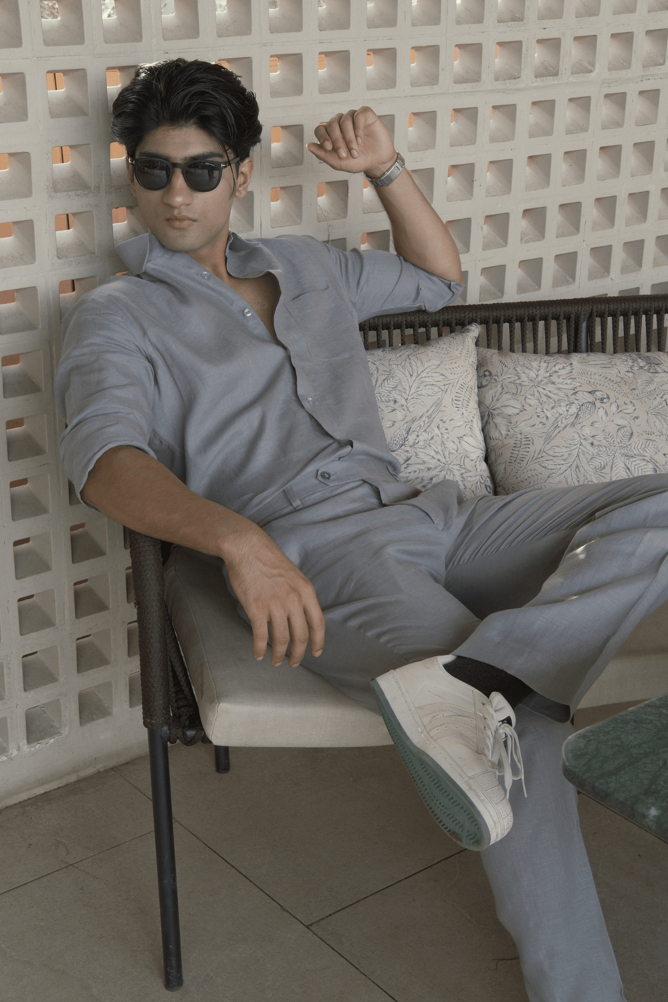 Greenish Grey Pure Linen Cord Set