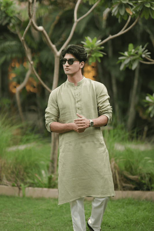 Mehandi Green Pure Linen Kurta & White Cotton Pyjama Set