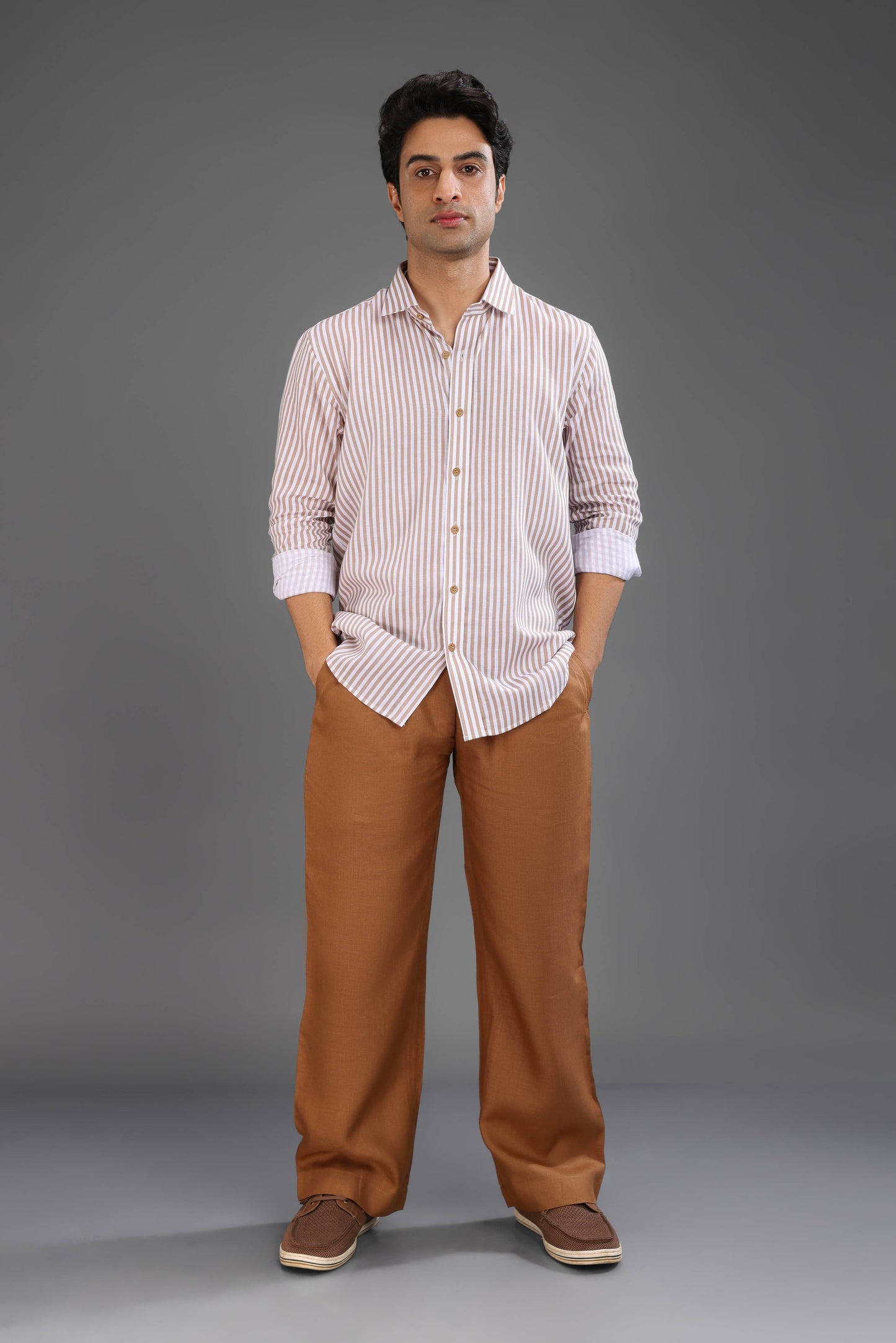 Beige Brown and  White Stripe Shirt