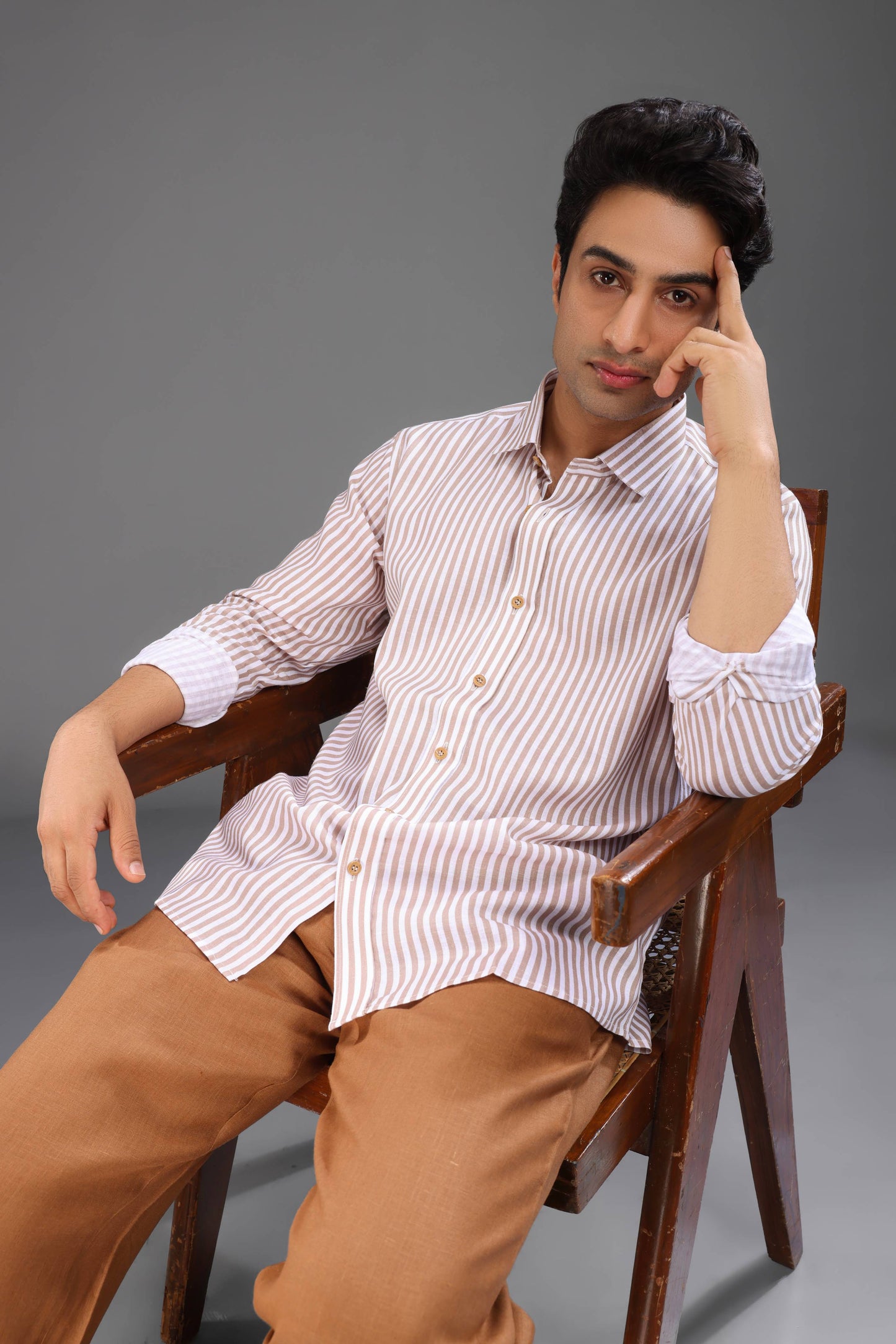 Beige Brown and  White Stripe Shirt