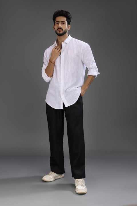 White Black Stripe Shirt & Black Loose Pant Combination