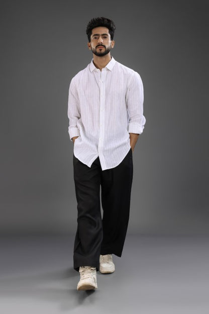 White Black Stripe Shirt & Black Loose Pant Combination
