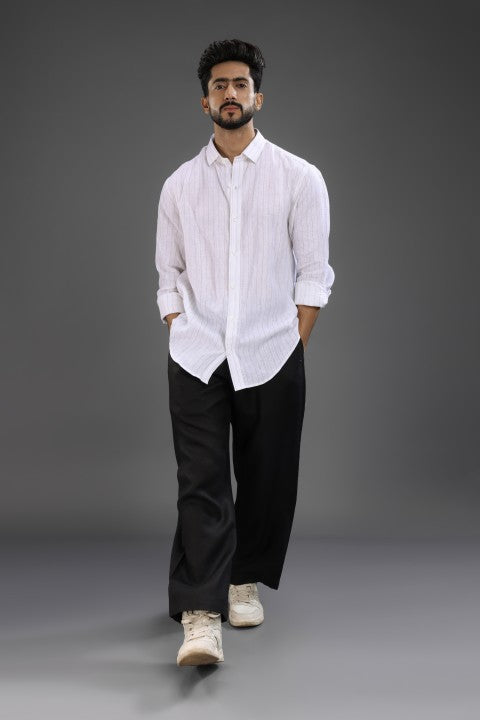 White Black Stripe Shirt & Black Loose Pant Combination