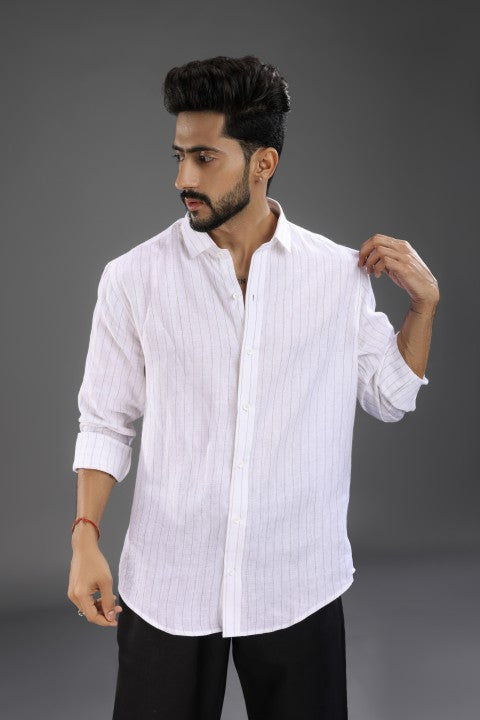 White Black Stripe Shirt & Black Loose Pant Combination