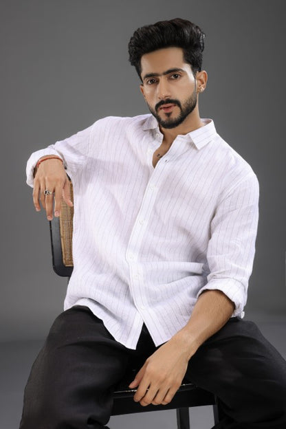 White Black Stripe Shirt & Black Loose Pant Combination