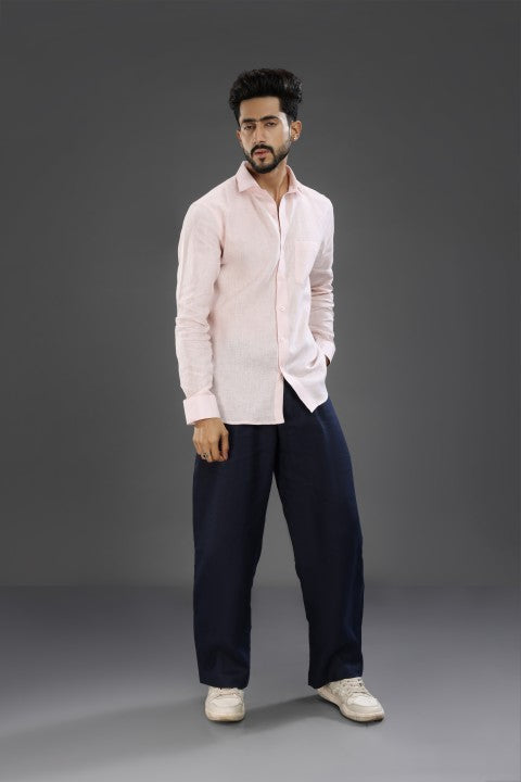 Baby Pink Shirt & Navy blue Loose Pant Combination