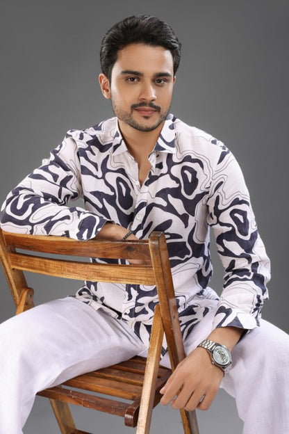 Black & Cream Abstract Shirt & White Loose Pant Combination