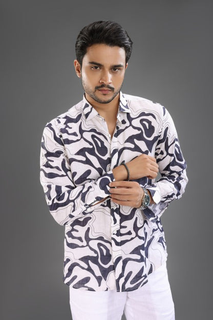 Black & Cream Abstract Shirt & White Loose Pant Combination