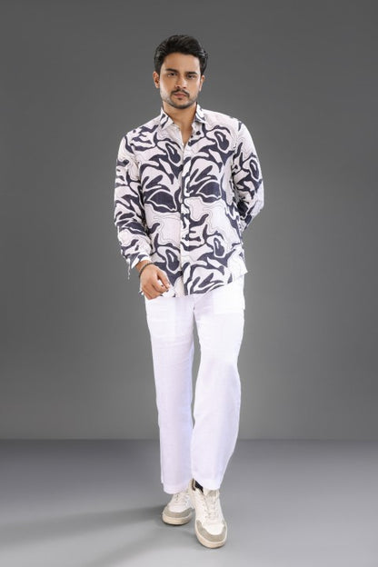 Black & Cream Abstract Shirt & White Loose Pant Combination
