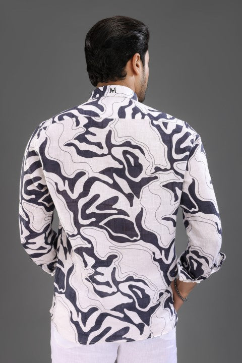 Black & Cream Abstract Shirt & White Loose Pant Combination