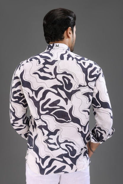 Black & Cream Abstract Shirt & White Loose Pant Combination