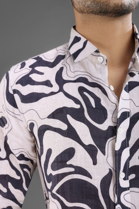 Black & Cream Abstract Shirt & White Loose Pant Combination