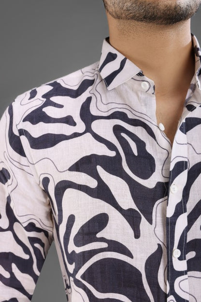Black & Cream Abstract Shirt & White Loose Pant Combination