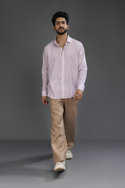 Dusty Pink Lining Shirt & Brown Loose Pant Combination