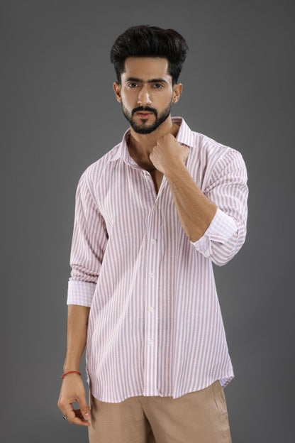 Dusty Pink Lining Shirt & Brown Loose Pant Combination