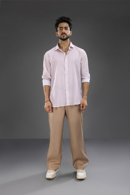 Dusty Pink Lining Shirt & Brown Loose Pant Combination