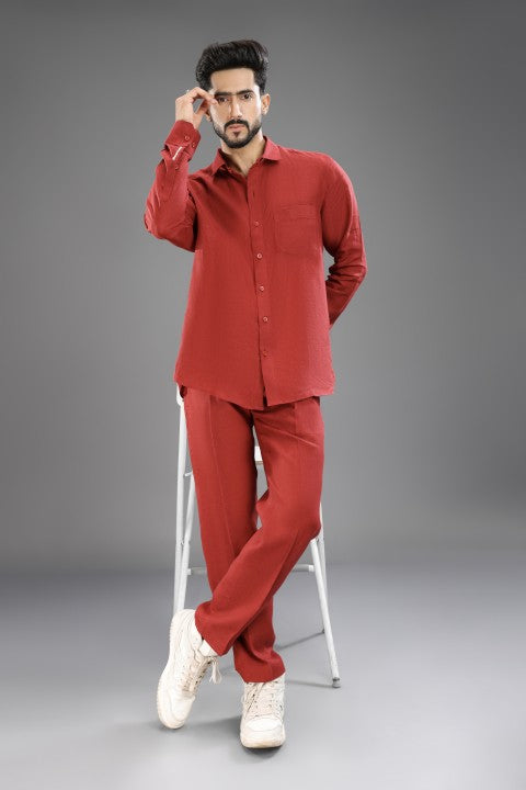 Matt Mehroon Pure Linen Cord Set