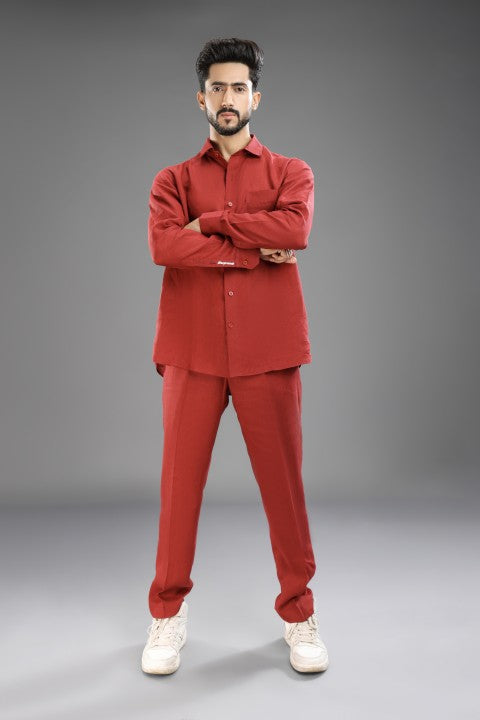Matt Mehroon Pure Linen Cord Set