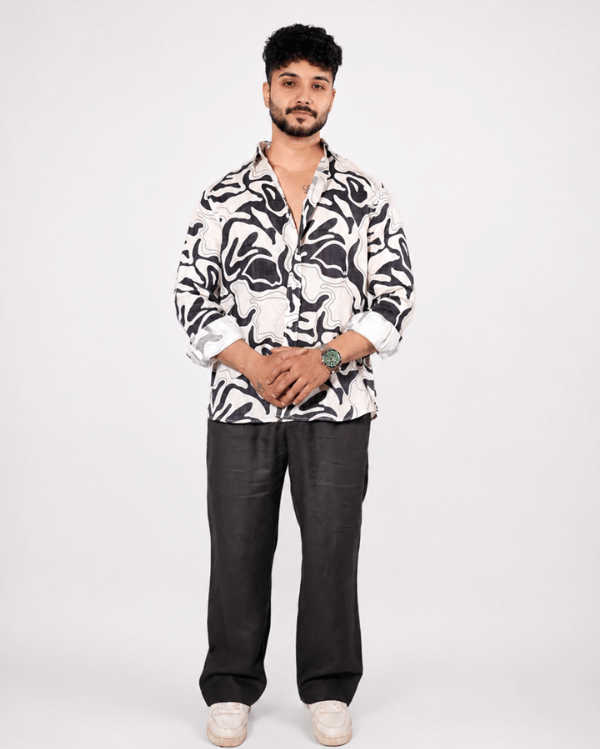 Black & Cream Abstract Shirt & Black Loose Pant Combination