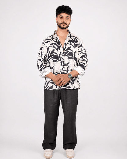 Black & Cream Abstract Shirt & Black Loose Pant Combination