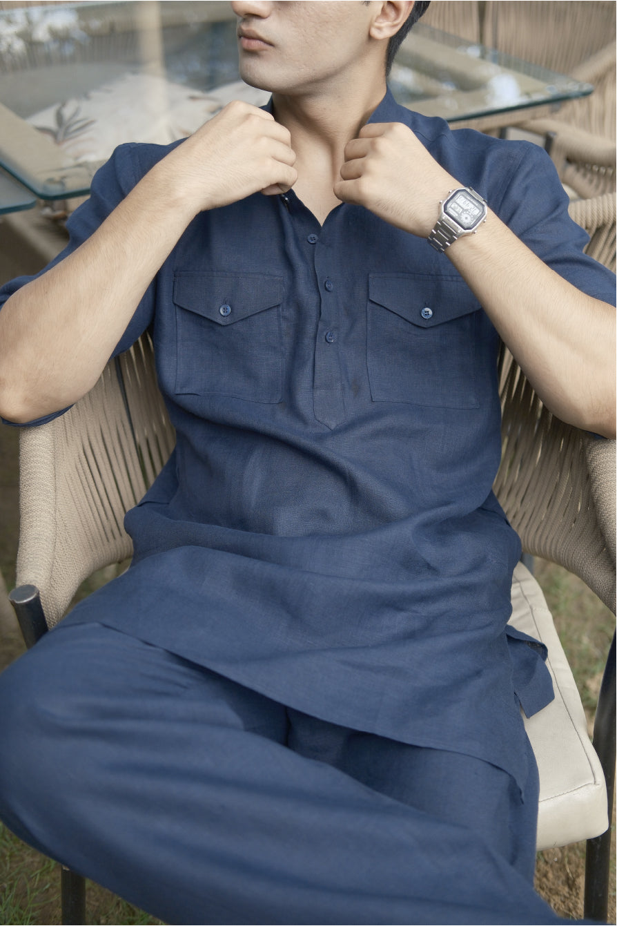 Navy Blue Kurta Pyjama Pocket Set