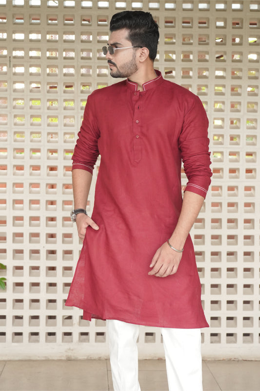 Matt Mehroon Long Traditional Kurta Pyjama Set