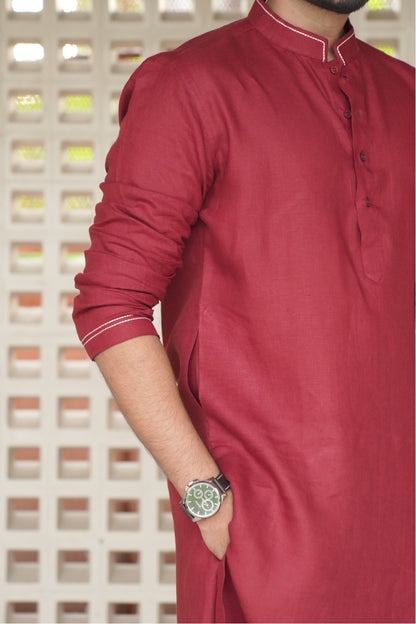 Matt Mehroon Long Traditional Kurta Pyjama Set