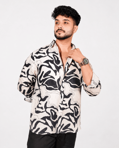 Black & Cream Abstract Shirt & Black Loose Pant Combination