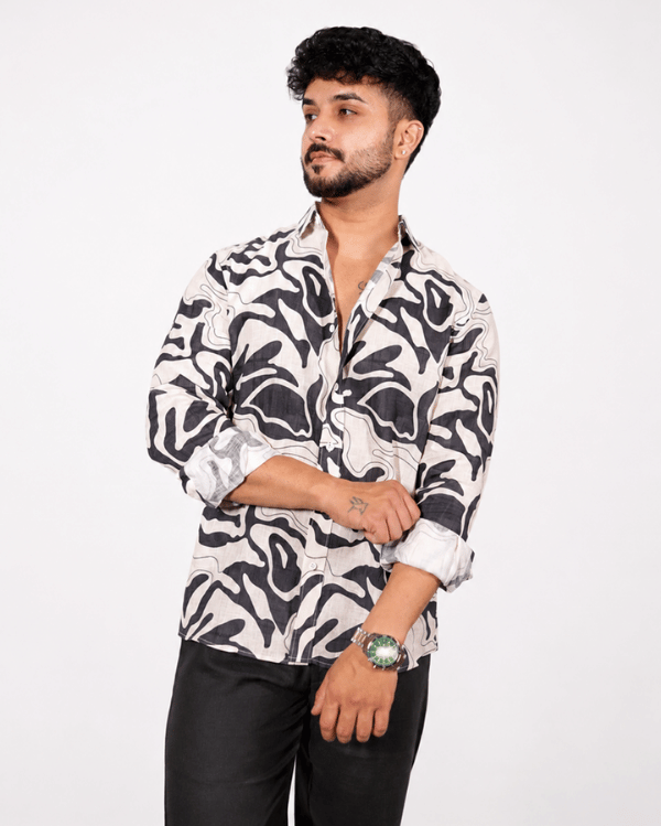 Black & Cream Abstract Shirt & Black Loose Pant Combination