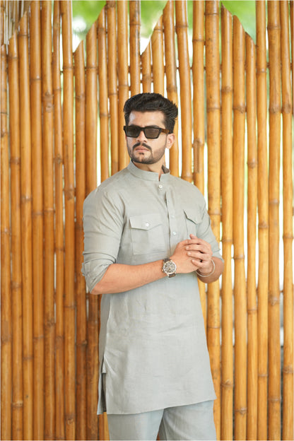 Greenish Grey Kurta Pyjama Pocket Set