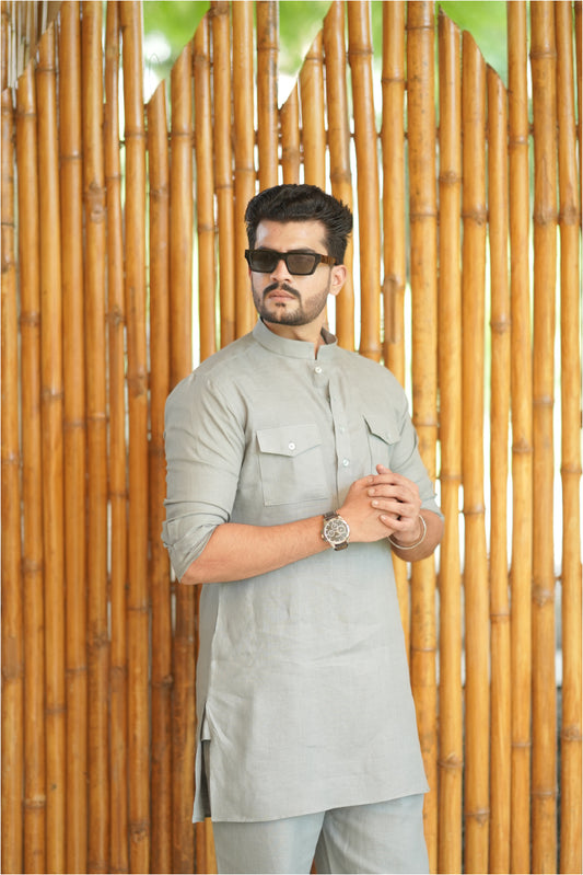 Greenish Grey Kurta Pyjama Pocket Set
