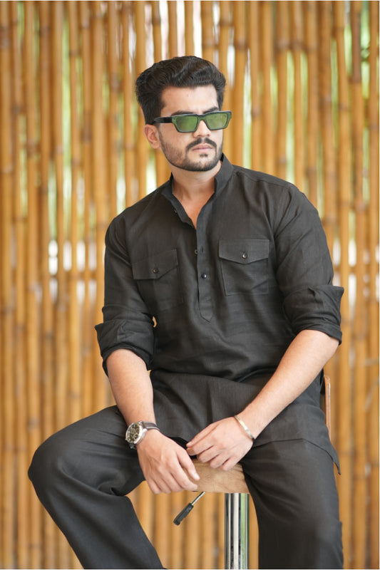 Classic Black Kurta Pyjama Pocket Set