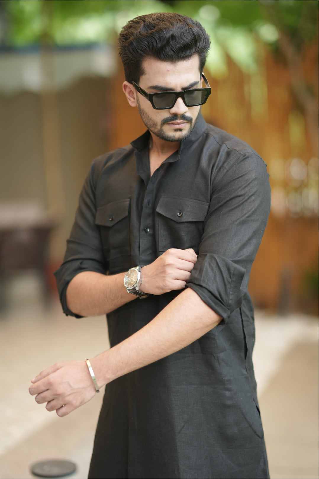 Classic Black Kurta Pyjama Pocket Set