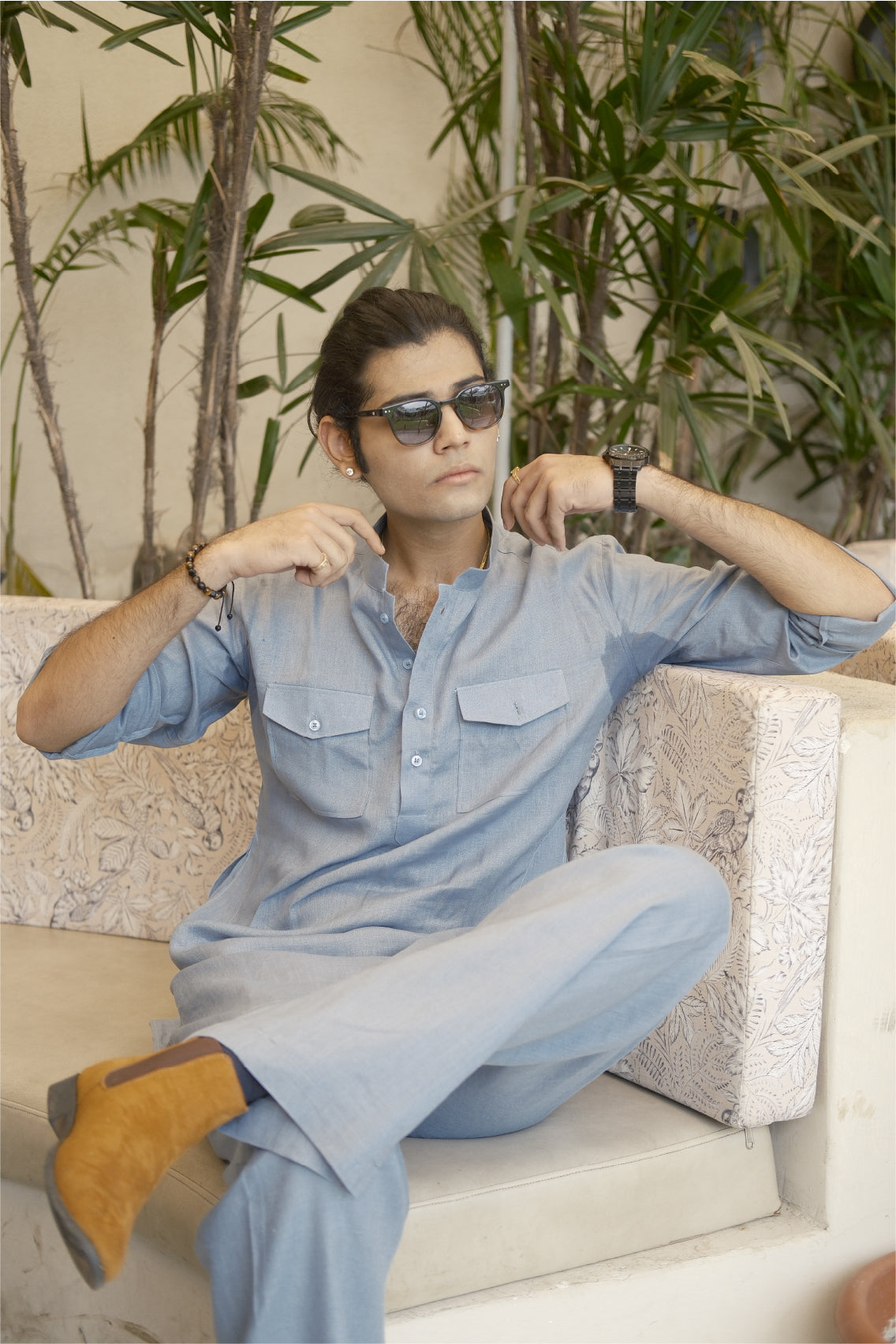 Denim Blue Kurta Pyjama Pocket Set