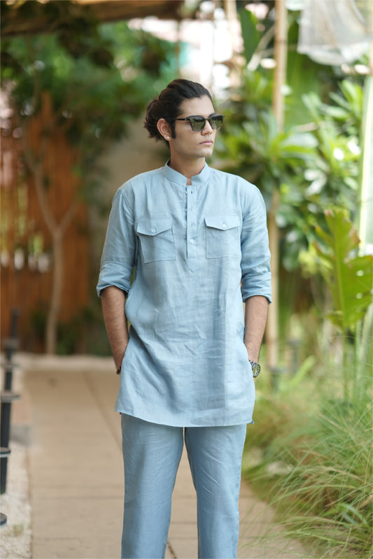 Denim Blue Kurta Pyjama Pocket Set