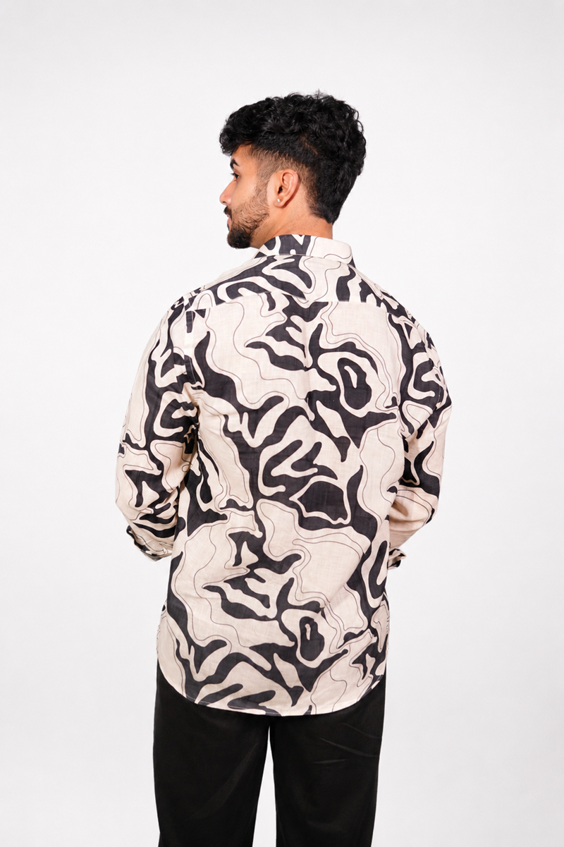 Black and Cream Abstract Print Pure Linen Shirt