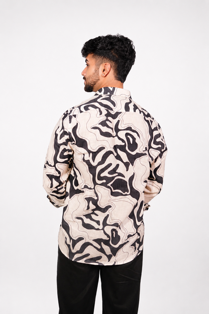 Black and Cream Abstract Print Pure Linen Shirt